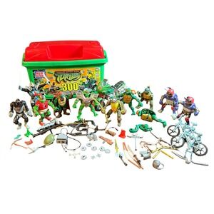 TMNT Action Figure Lot Playmates 2004 Ninja Turtles Mega Bloks Tub Gear Weapons